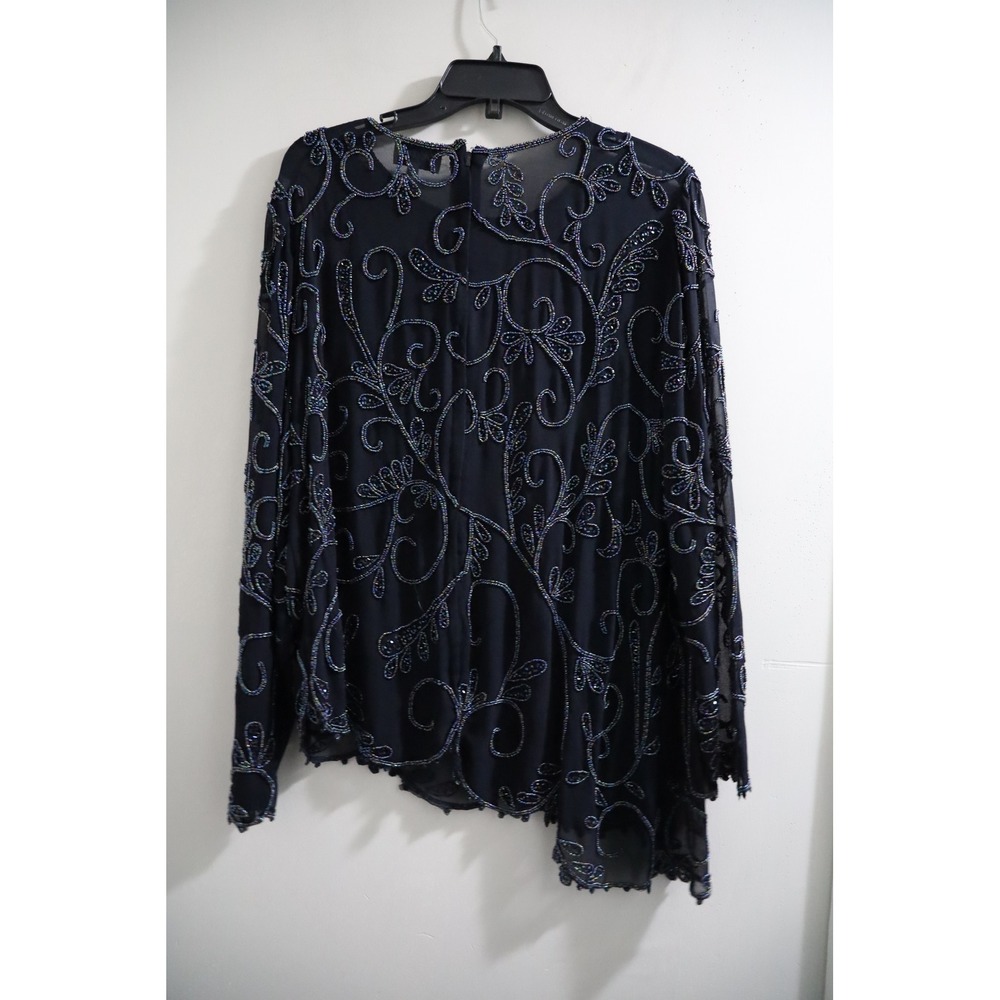 J Kara Navy Blue Beaded Asymmetrical Evening Blouse Petite 18P Iridescent Scroll - Picture 7 of 9